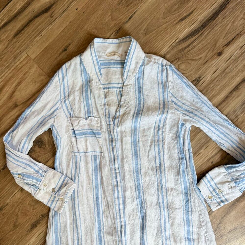 Soft Surroundings Womens Blue White Striped Adalia Linen Shirt Dress Size Medium - Picture 3 of 10